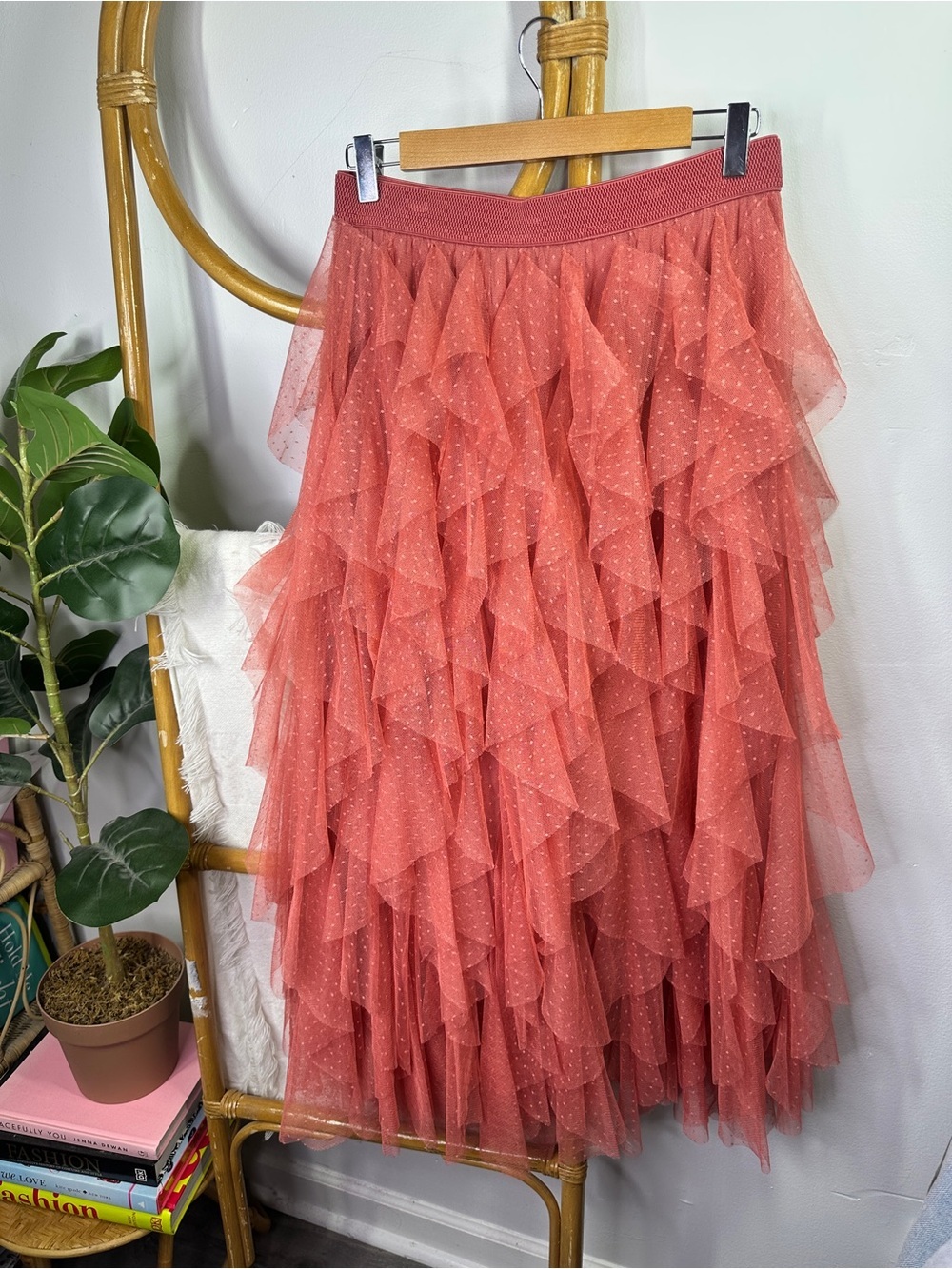 Anthropologie Tulle Pink Dotted Maxi Skirt sz M